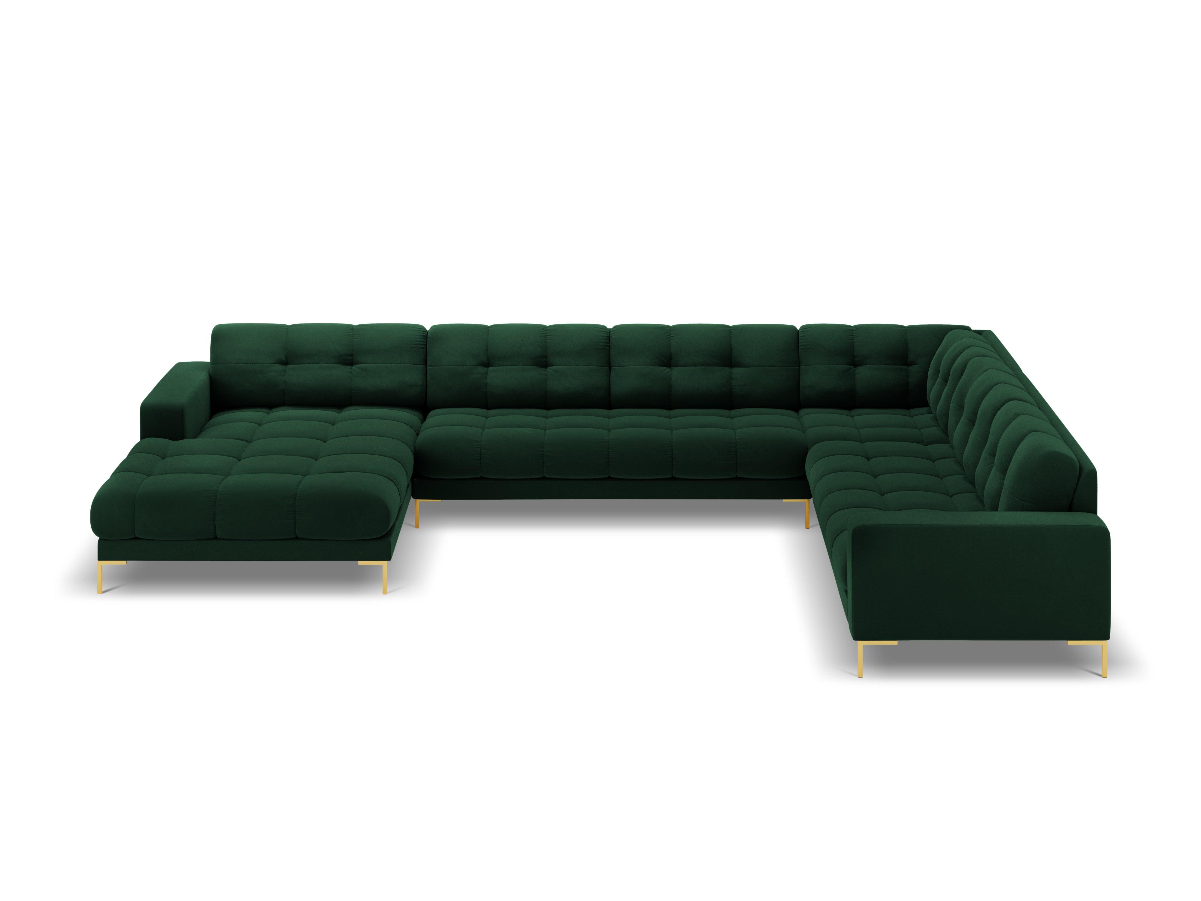 Panoramic velvet sofa right side 7 seater BALI bottle green with gold base - Eye on Design