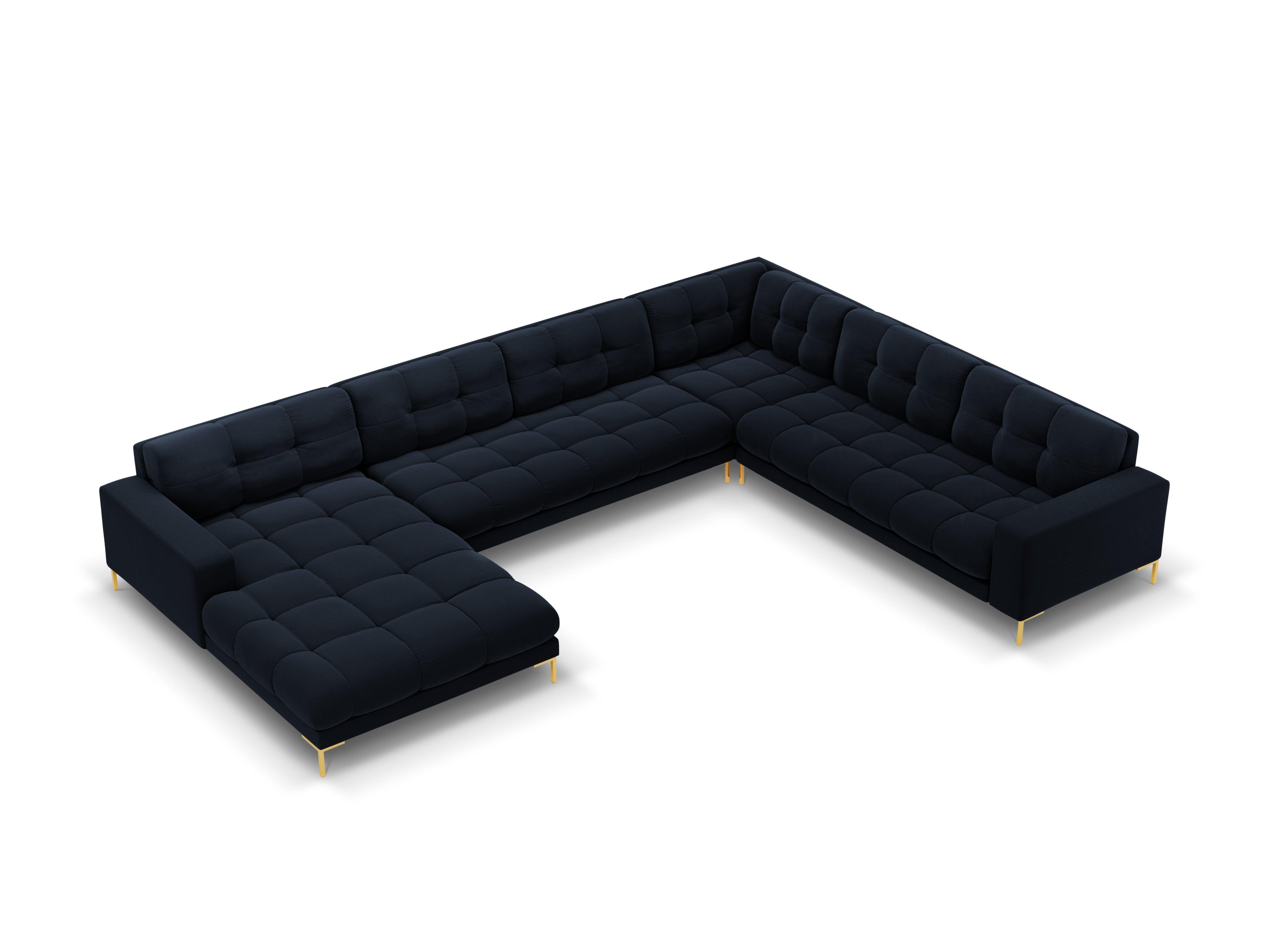 Panoramic velvet sofa right side 7 seater BALI dark blue with gold base - Eye on Design