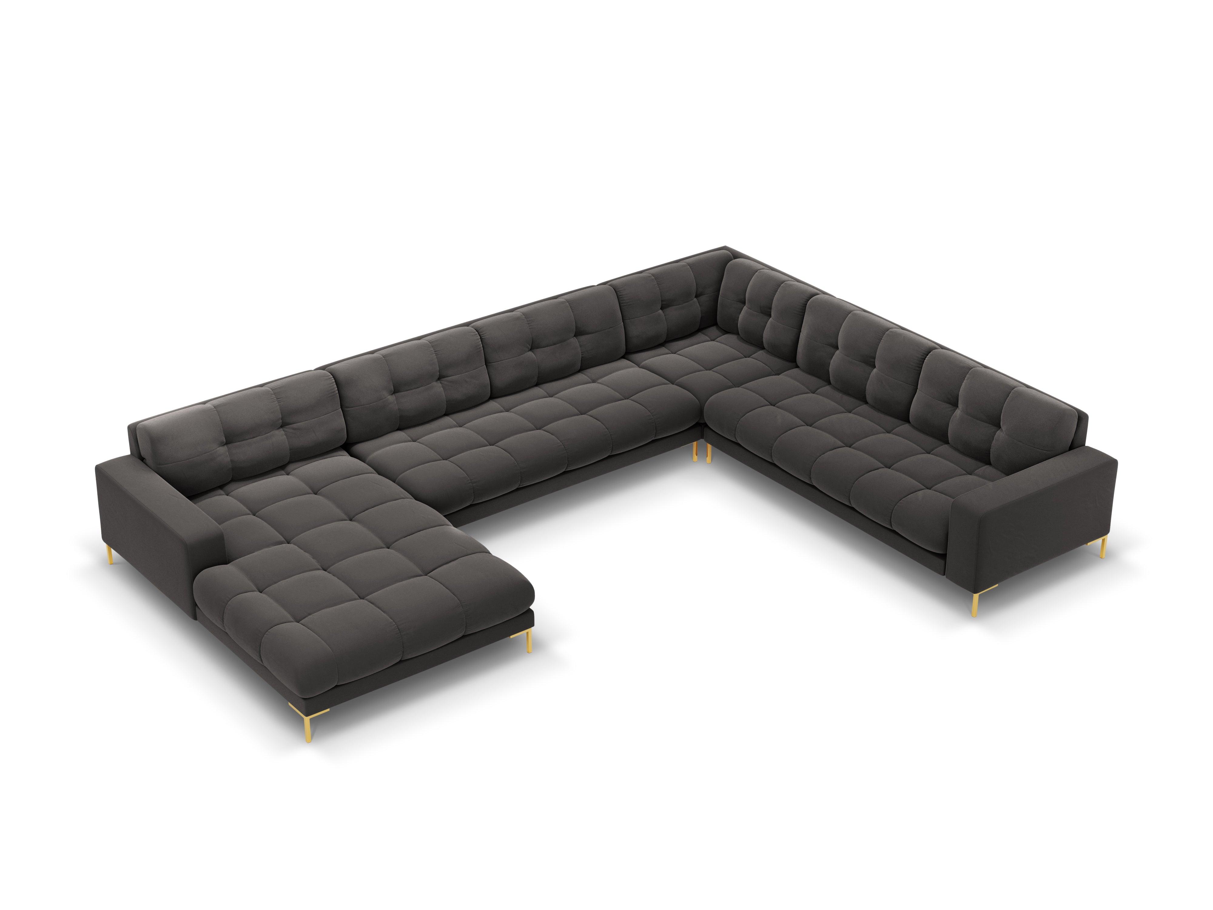 Panoramic velvet sofa right side 7 seater BALI dark grey with gold base - Eye on Design