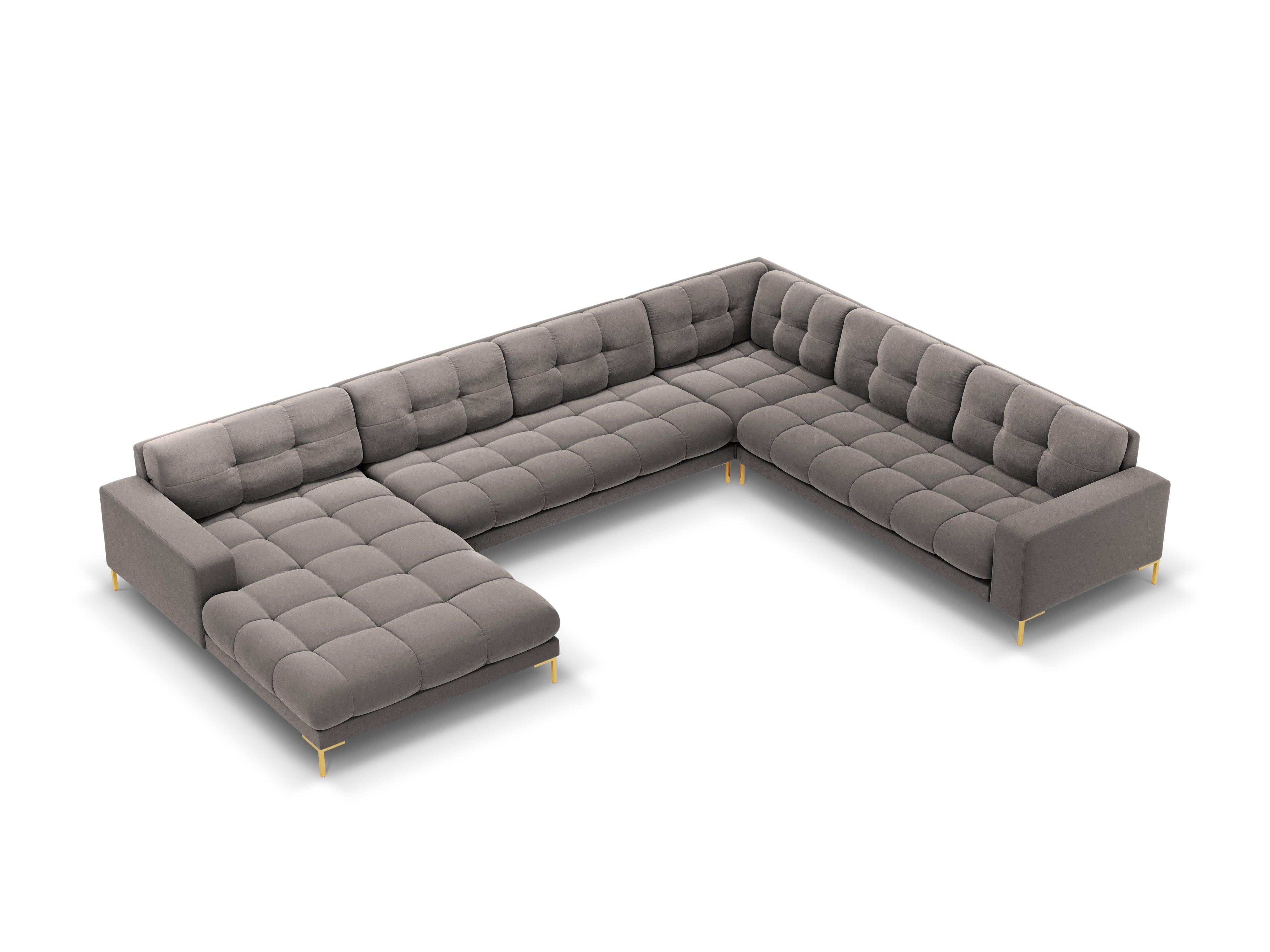 Panoramic velvet sofa right side 7 seater BALI light grey with gold base - Eye on Design