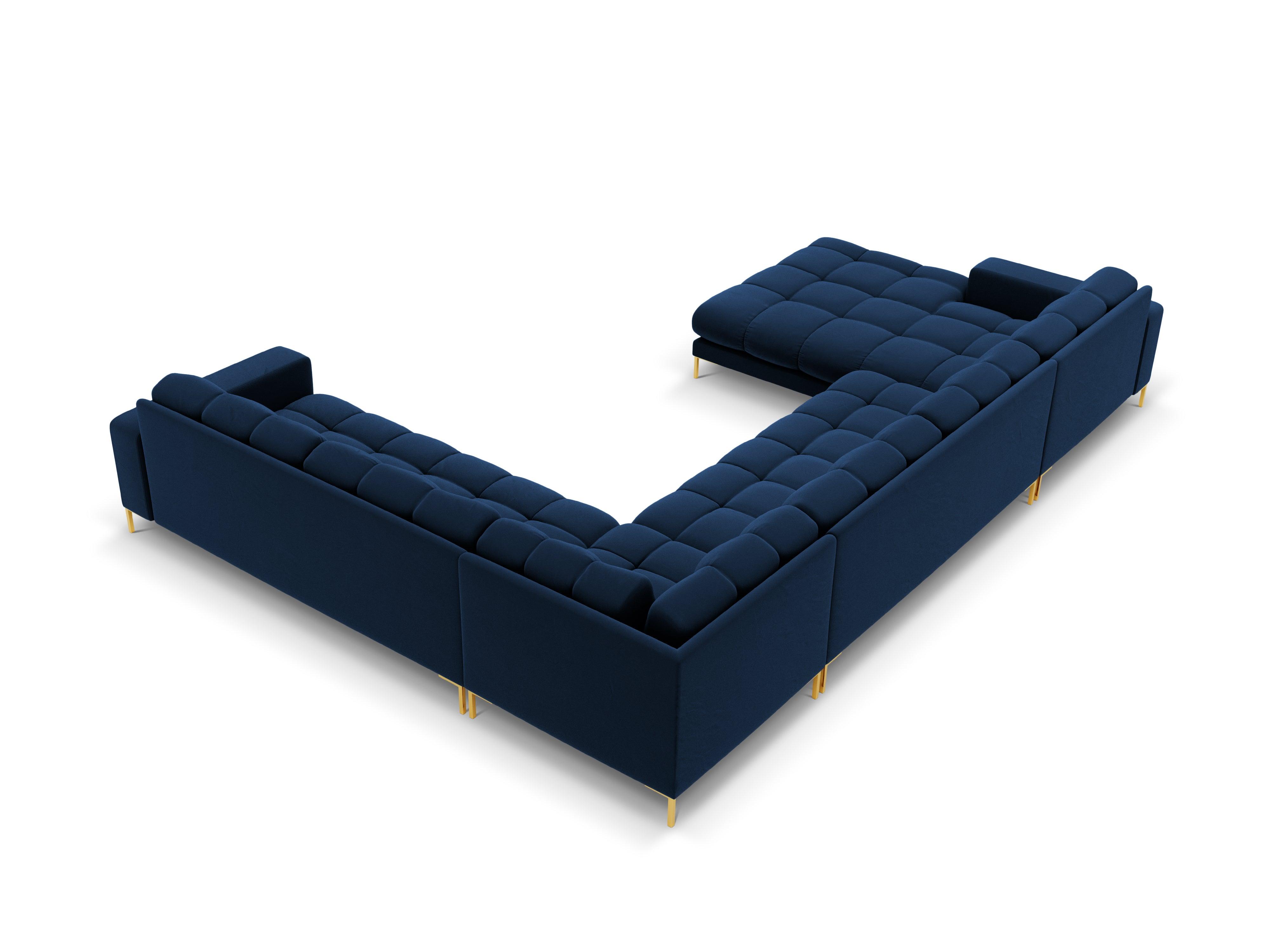 Panoramic velvet sofa right side 7 seater BALI royal blue with gold base - Eye on Design