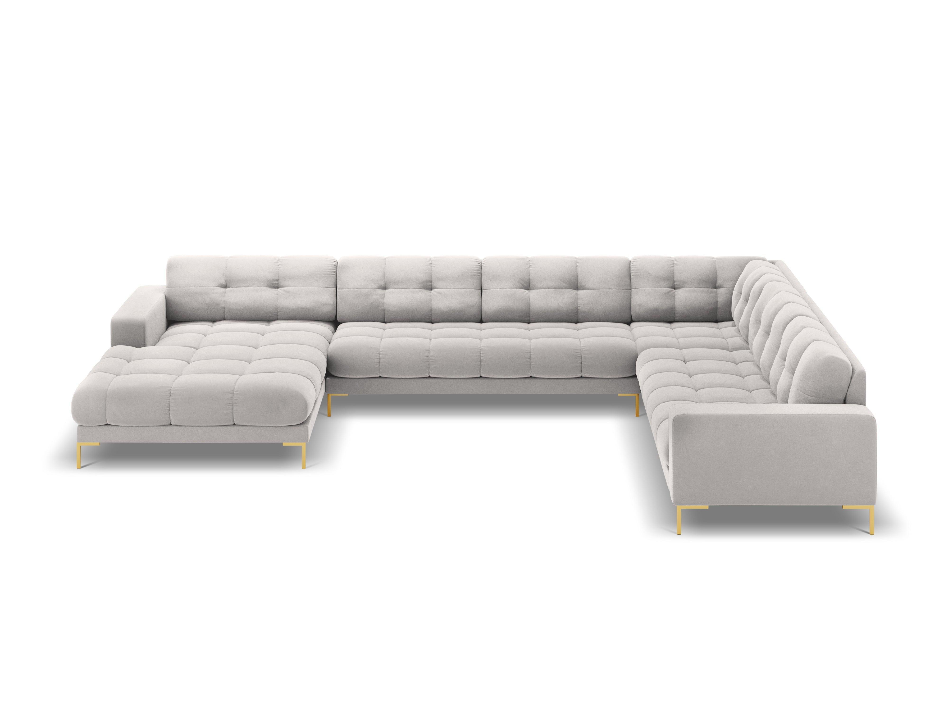 Panoramic velvet sofa right side 7 seater BALI silver with gold base - Eye on Design