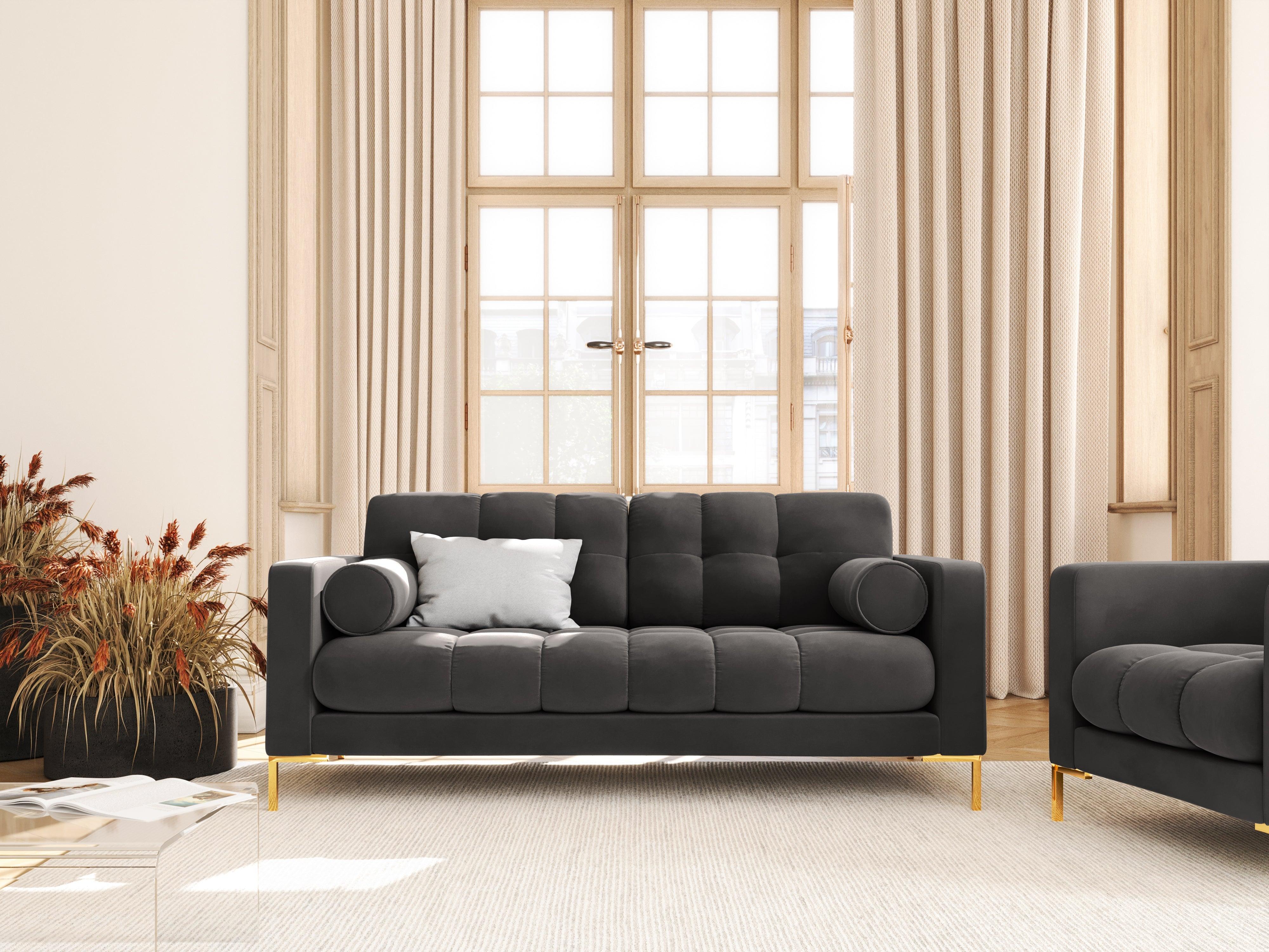 Velvet 2-seater sofa BALI dark grey with gold base - Eye on Design