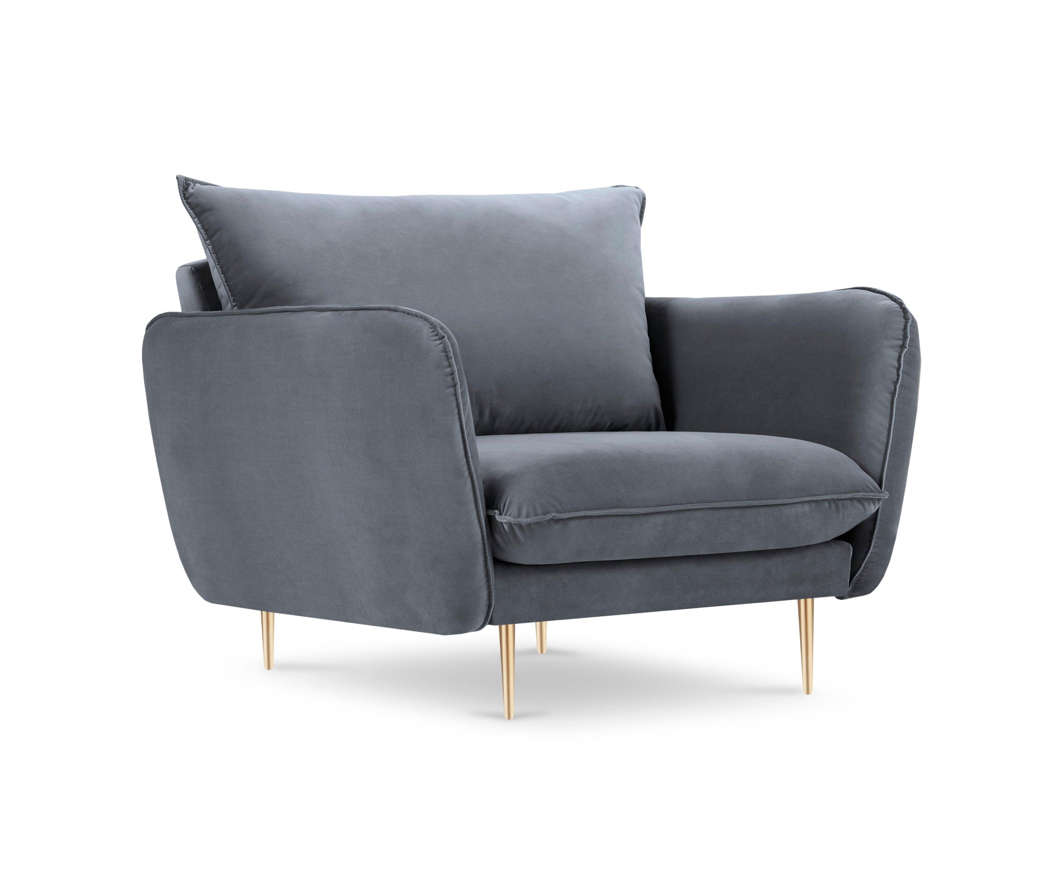 Velvet armchair VIENNA grey with gold base - Eye on Design