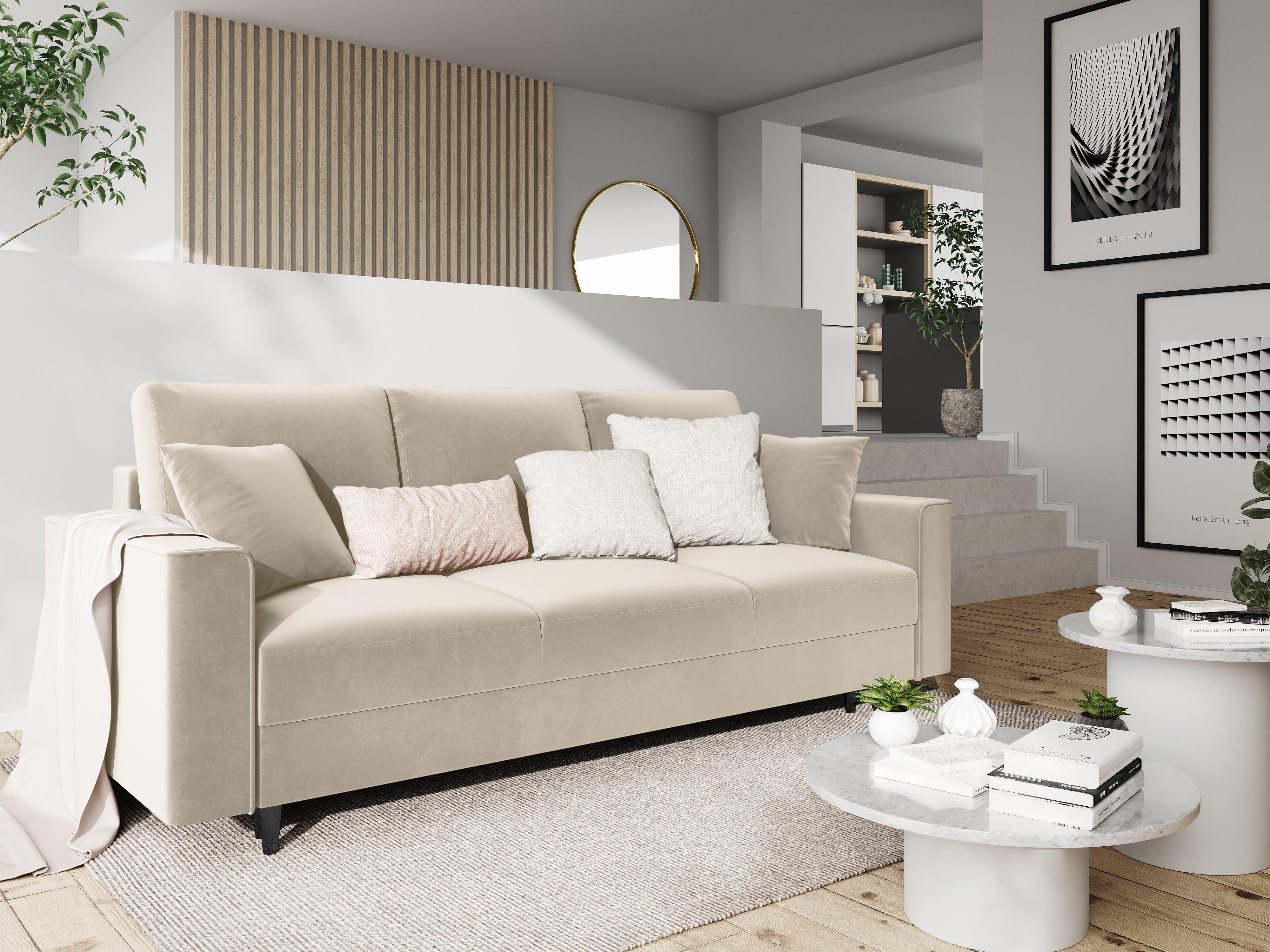 Sofa aksamitna z funkcją spania CARTADERA beżowy z czarną podstawą, Mazzini Sofas, Eye on Design