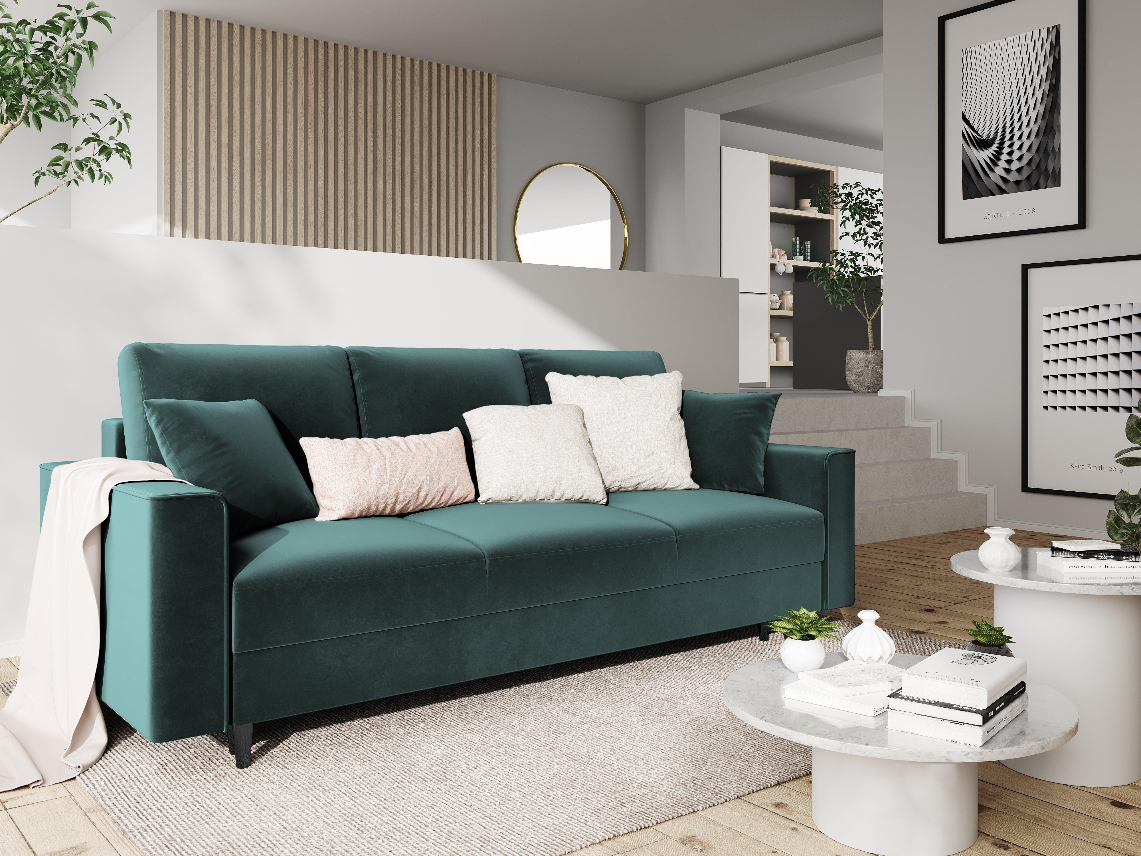 Sofa aksamitna z funkcją spania CARTADERA petrol z czarną podstawą, Mazzini Sofas, Eye on Design