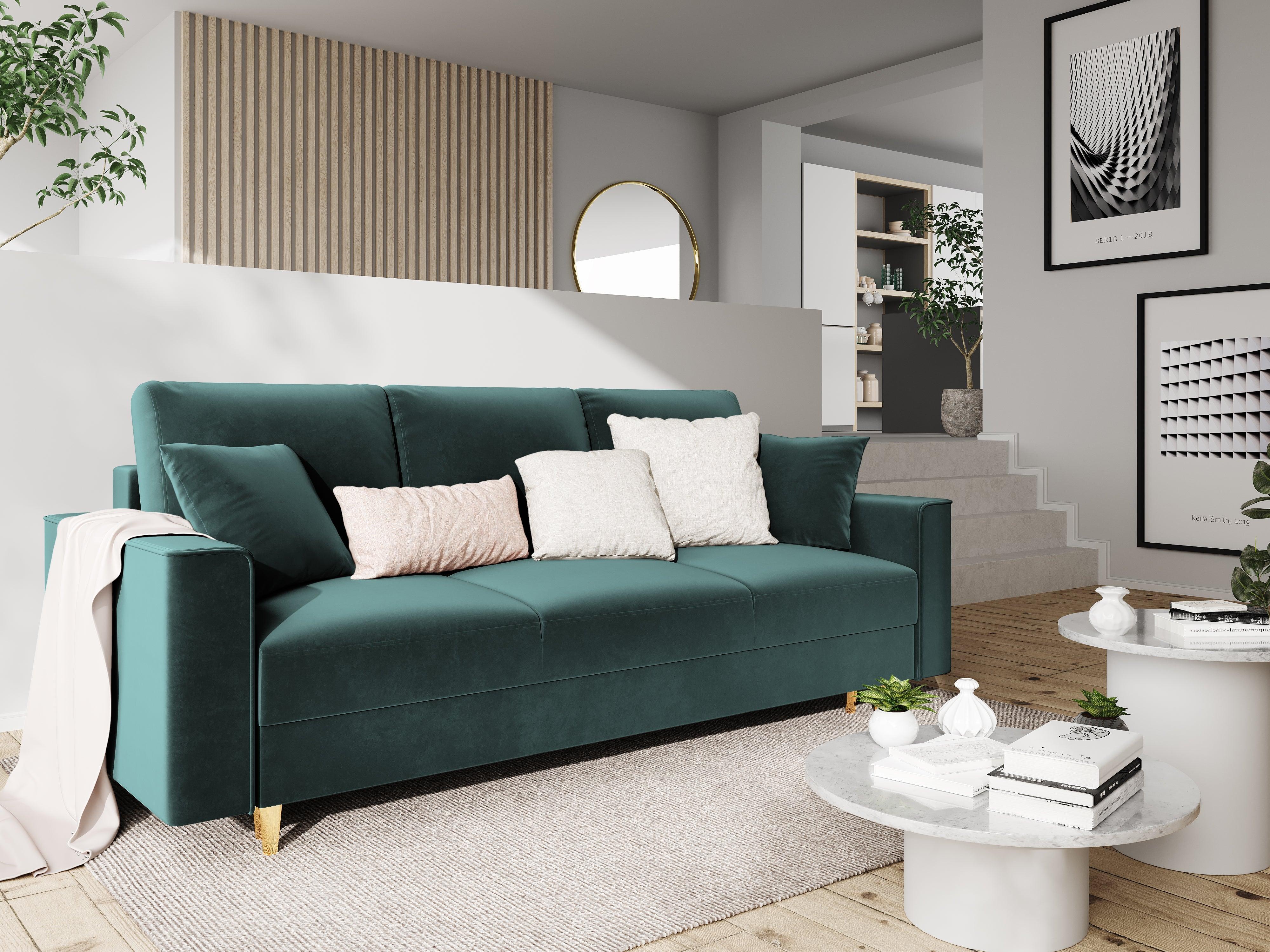 Sofa aksamitna z funkcją spania CARTADERA petrol ze złotą podstawą, Mazzini Sofas, Eye on Design